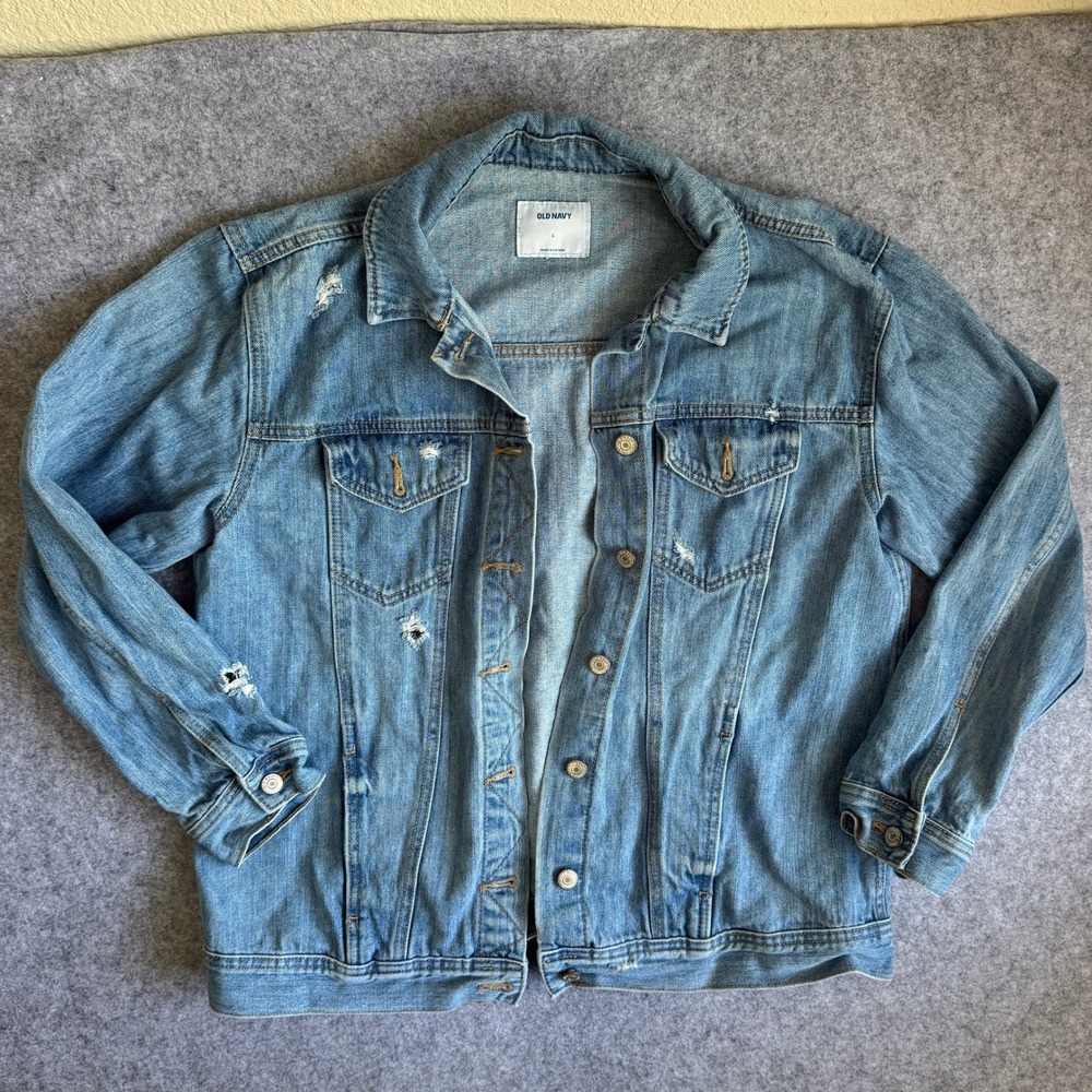 Old Navy Women L Distressed Denim Trucker Jacket Blue Cotton Button Up